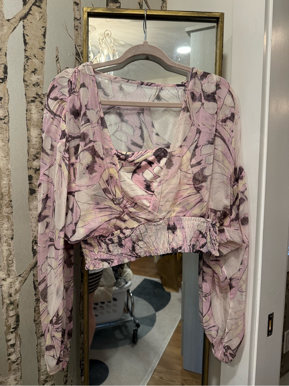 Anthropologie Pink Floral Cropped V-Neck Blouse